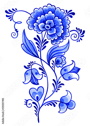 Watercolor blue and white floral composition, fantasy flowers. Hand-painted illustration isolated on white background. Chinoiserie style motif.