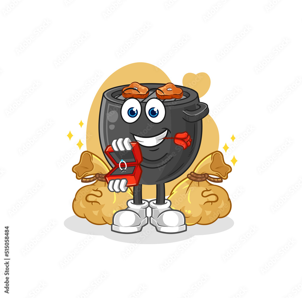 barbecue propose with ring. cartoon mascot vector