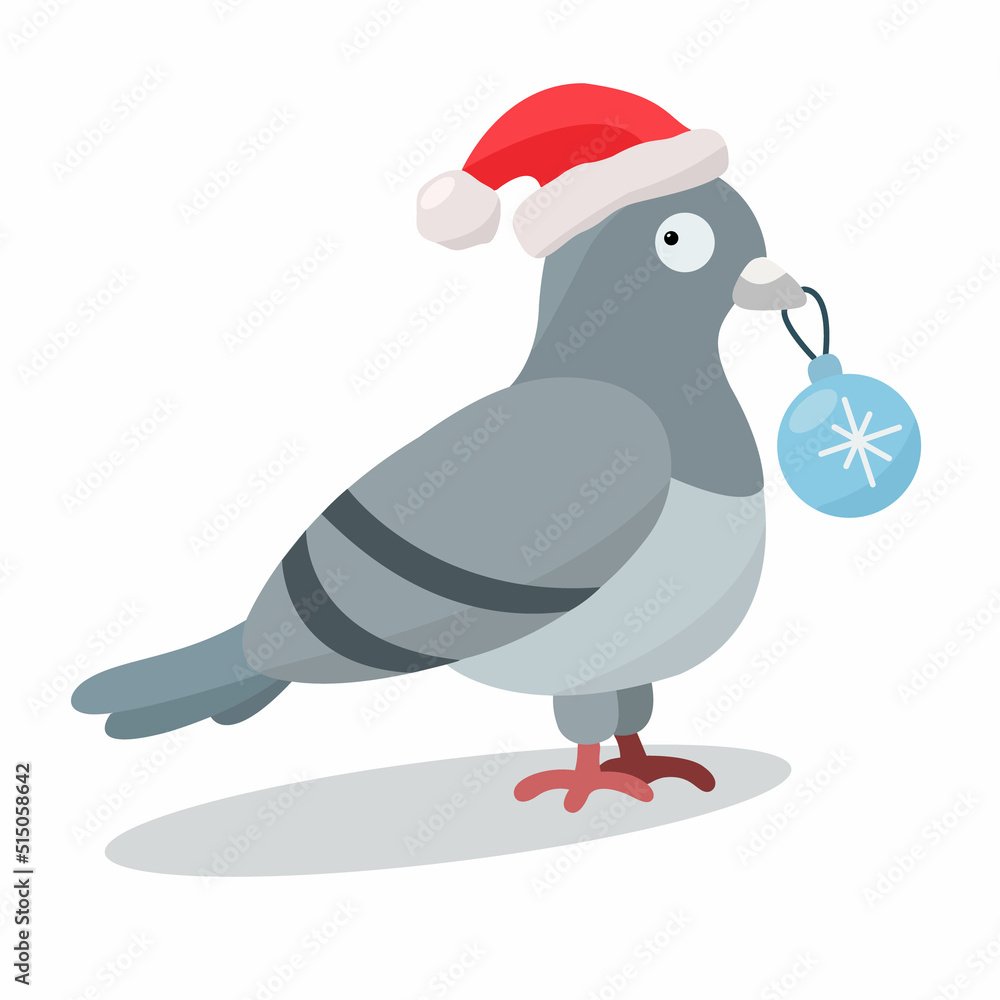Fototapeta premium Cute color vector pigeon without black outline with a Christmas ball in its beak in Santa's hat. New year, Christmas, winter urban theme. Good for coloring books.