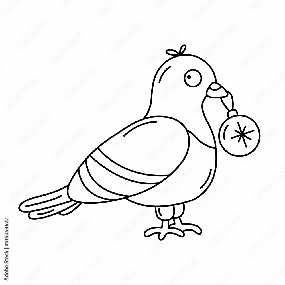 Obraz premium Cute vector black outline pigeon with a Christmas ball in its beak. New year, Christmas, winter urban theme. Good for coloring books.