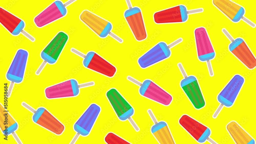 Multicolored ice cream on a stick on a yellow background. Moving in one place ice cream, frozen popsicles. Animated summer video Multicolored ice cream on a stick on a yellow background. Moving in one place ice cream, frozen popsicles. Animated summer video