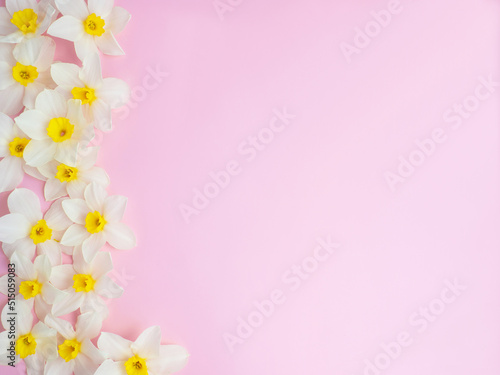gentle background with flowers of daffodils. Template for greeting card, invitation.copy space