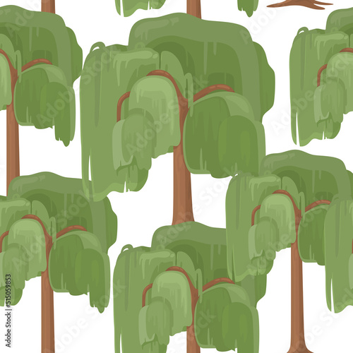 Vector seamless pattern with many big trees on white background. Flat illustration of weeping willow with long curved branches and dense leaves canopy. Decorative element for summer layouts design. photo