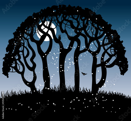 Fantasy Night Vector Landscape with Faerie Lights, Owls and Tree Silhouettes 