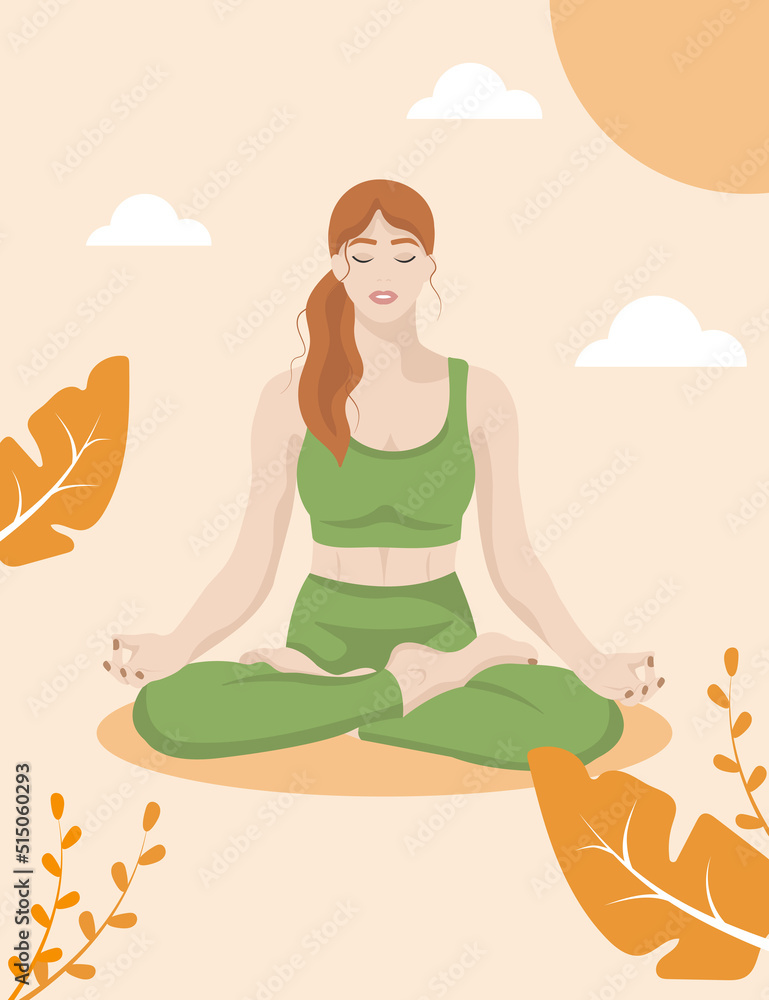 Slim woman with red hair sitting in yoga lotus pose, exercising in a beautiful environment