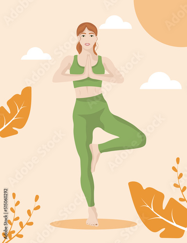 Slim woman with red hair standing in Tree pose, exercising in a beautiful environment