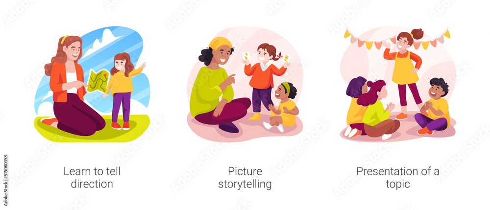 Kids communication skills isolated cartoon vector illustration set