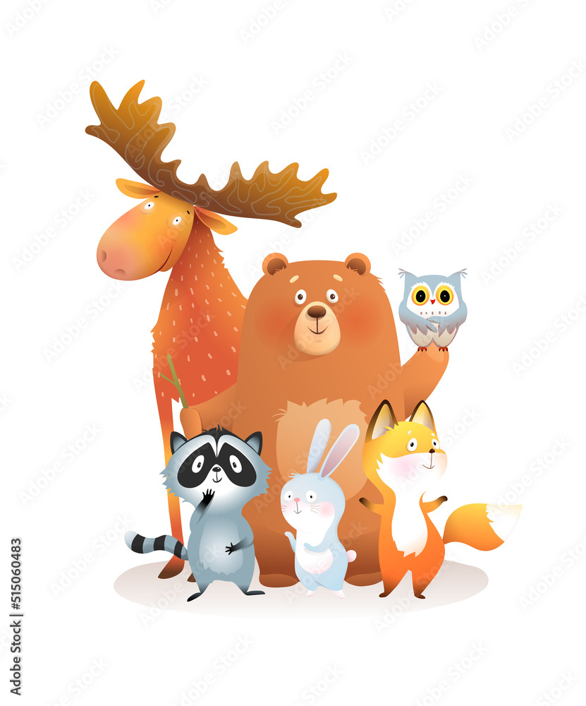 Naklejka premium Forest animals cute colorful illustration for children. Bear, moose raccoon bunny and fox and owl, group of animals friends together. Isolated vector clipart.