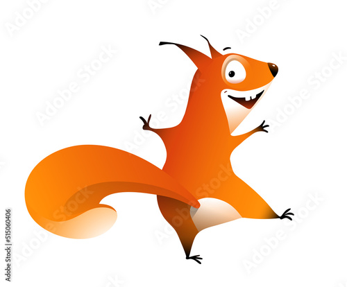 Funny Squirrel laughing and dancing clipart, cute crazy squirrel illustration for children. Funny adorable animal cartoon for kids. Isolated vector clipart.