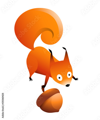 Squirrel animal holding a hazelnut clipart, cute character illustration for children. Funny adorable squirrel cartoon for kids. Isolated vector clipart.