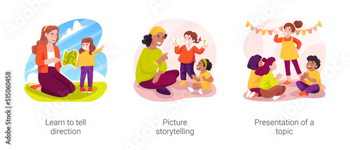 Kids communication skills isolated cartoon vector illustration set