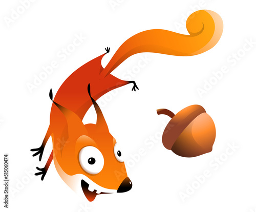 Funny Squirrel laughing running and jumping clipart, cute crazy squirrel illustration for children. Funny adorable animal cartoon for kids. Isolated vector clipart.