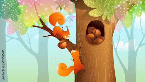 Squirrels stocking hazelnuts in a big hollow trunk of tree in forest, wallpaper illustration for children with green nature and wild woods. Vector animals background for kids.