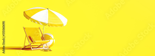 Fotografie, Obraz Beach chair with umbrella on vibrant yellow summer background 3D Rendering, 3D I