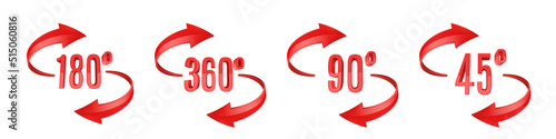 Red glossy 3D curve arrows and rotation angle degrees sing. Arrow vector icon set. 3d vector icon.
