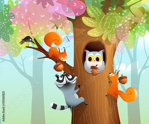 Squirrels owl and raccoon stocking hazelnuts in a big hollow tree trunk in forest, wallpaper illustration for children with green nature and wild woods. Vector animals background for kids.