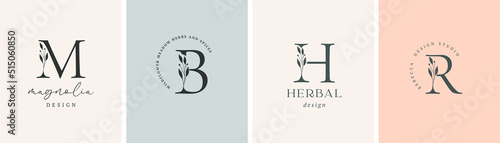 Collection of Botanical Minimalistic, Initial, Letter Feminine Logos with Organic Plant Elements