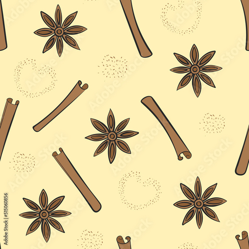 Seamless pattern of cinnamon sticks, star anise and cinnamon powder. Doodle style. Vector illustration