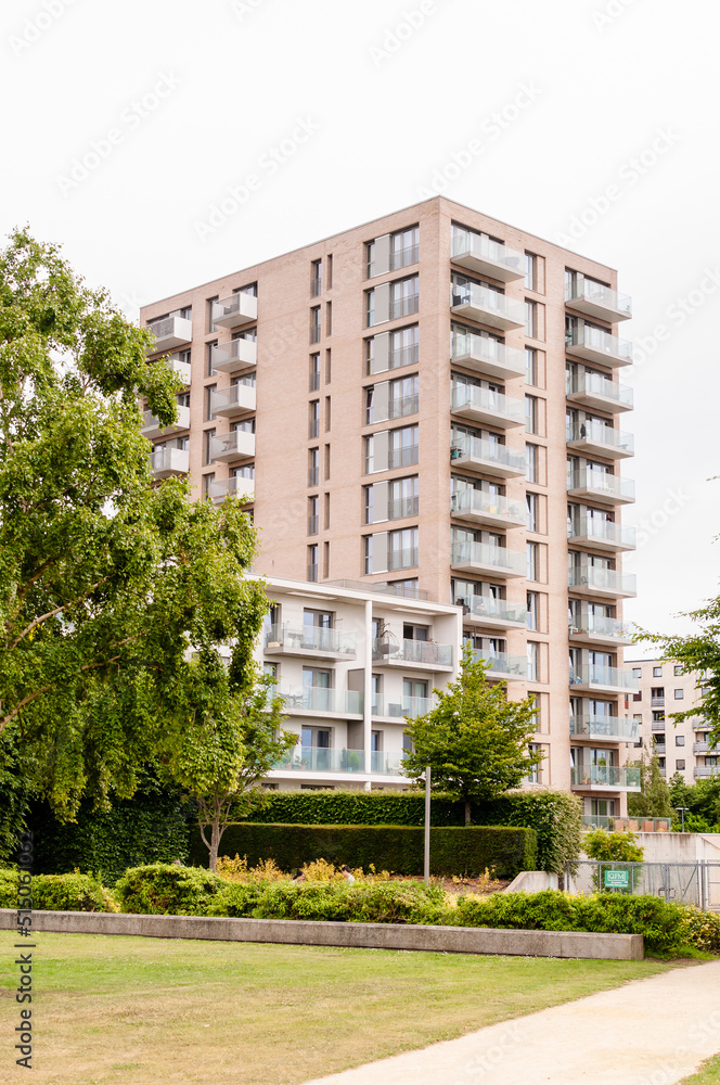 New block of modern apartments with balconies a adjacent to Thames Barrier Park, Silvertown, London, England, June 19, 2022
New block of modern apartments with balconies a adjacent to Thames Barrier Park, Silvertown, London, England, June 19, 2022