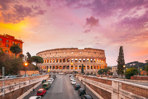 Rome, Italy. Colorful Sunset Dawn Sky Above Colosseum Also Known As Flavian Amphitheatre In Evening Time.
