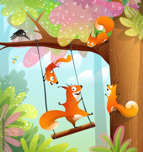 Funny hilarious squirrels playing and laughing in the forest, swinging on the tree branch. Happy naughty squirrels illustration for kids, smiling and jumping. Vector illustration for children.