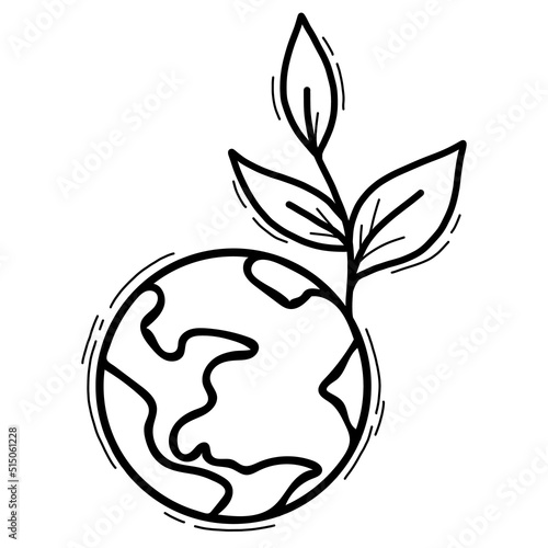 Ecology concept. Clean planet earth with sprout and leaves. Vector illustration. Linear hand drawn doodle isolated on white background for eco friendly design, decor and logo