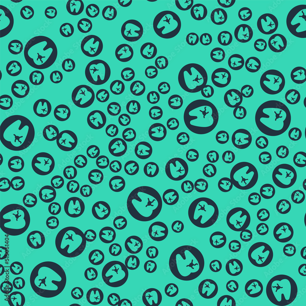 Black Tooth with caries icon isolated seamless pattern on green background. Tooth decay. Vector