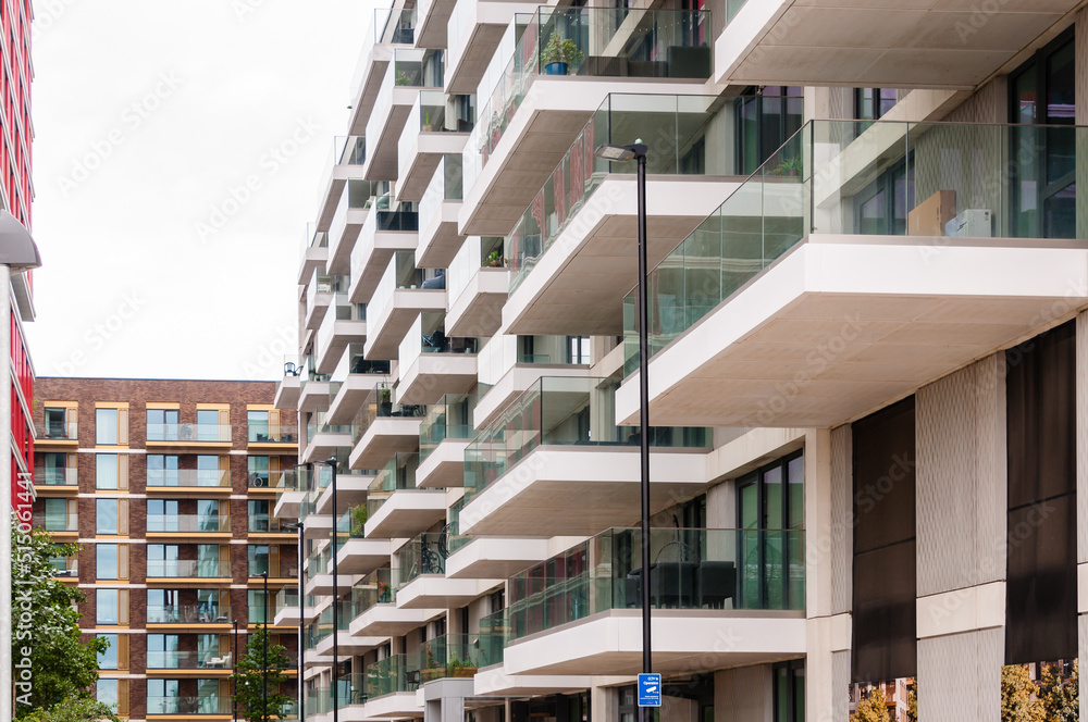 Obraz premium Riverscape Luxury new-build riverside apartments in Silvertown, Newham, London, England, June 19, 2022