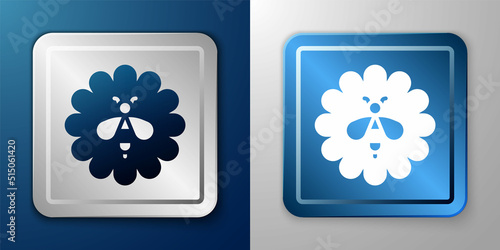White Bee on flower icon isolated on blue and grey background. Sweet natural food. Honeybee or apis with wings symbol. Flying insect. Silver and blue square button. Vector