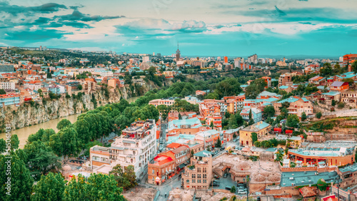 Tbilisi, Georgia. Abanotubani Is The Old Historic Bath District. Panorama Cityscape Of Summer Old Town In Summer Evening.