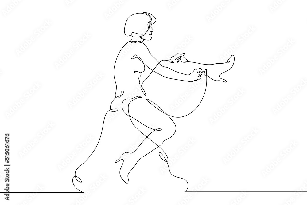 One continuous line. Pretty girl in a luxurious dress. Evening dress fitting. Portrait of a female character. One continuous line is drawn on a white background.