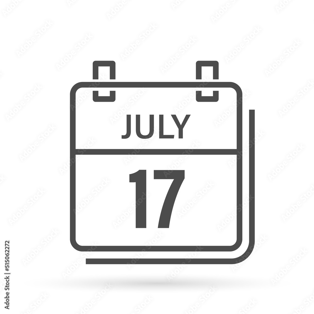 July 17, Calendar icon with shadow. Day, month. Flat vector illustration.