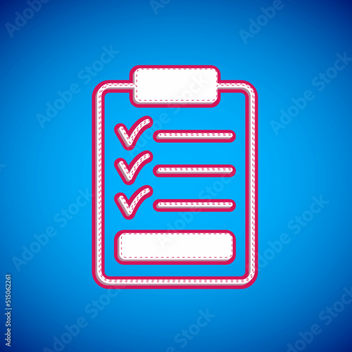 White Clipboard with checklist icon isolated on blue background. Control list symbol. Survey poll or questionnaire feedback form. Vector