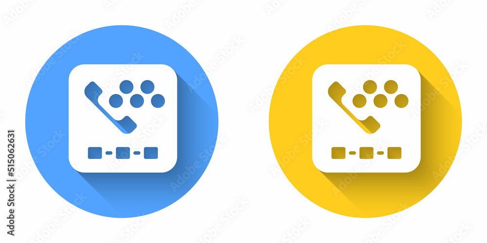 White Taxi call telephone service icon isolated with long shadow background. Taxi for smartphone. Circle button. Vector White Taxi call telephone service icon isolated with long shadow background. Taxi for smartphone. Circle button. Vector
