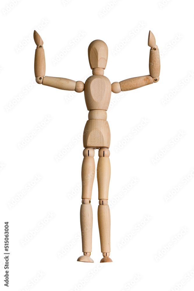 wooden man raised his hands up, isolated on white background wooden man raised his hands up, isolated on white background
