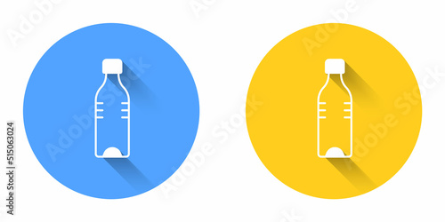 White Bottle of water icon isolated with long shadow background. Soda aqua drink sign. Circle button. Vector