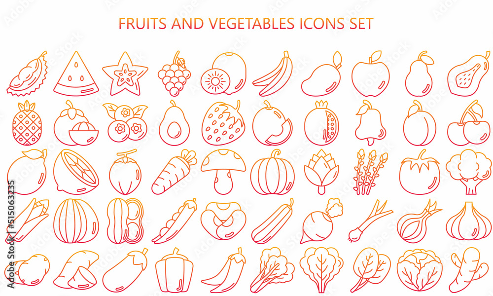 fruits and vegetables icons set, Contains such broccoli, peas, carrot, lime, melon and more. Used for modern concepts, web, UI, UX kit and applications. vector EPS 10 ready to convert to SVG.