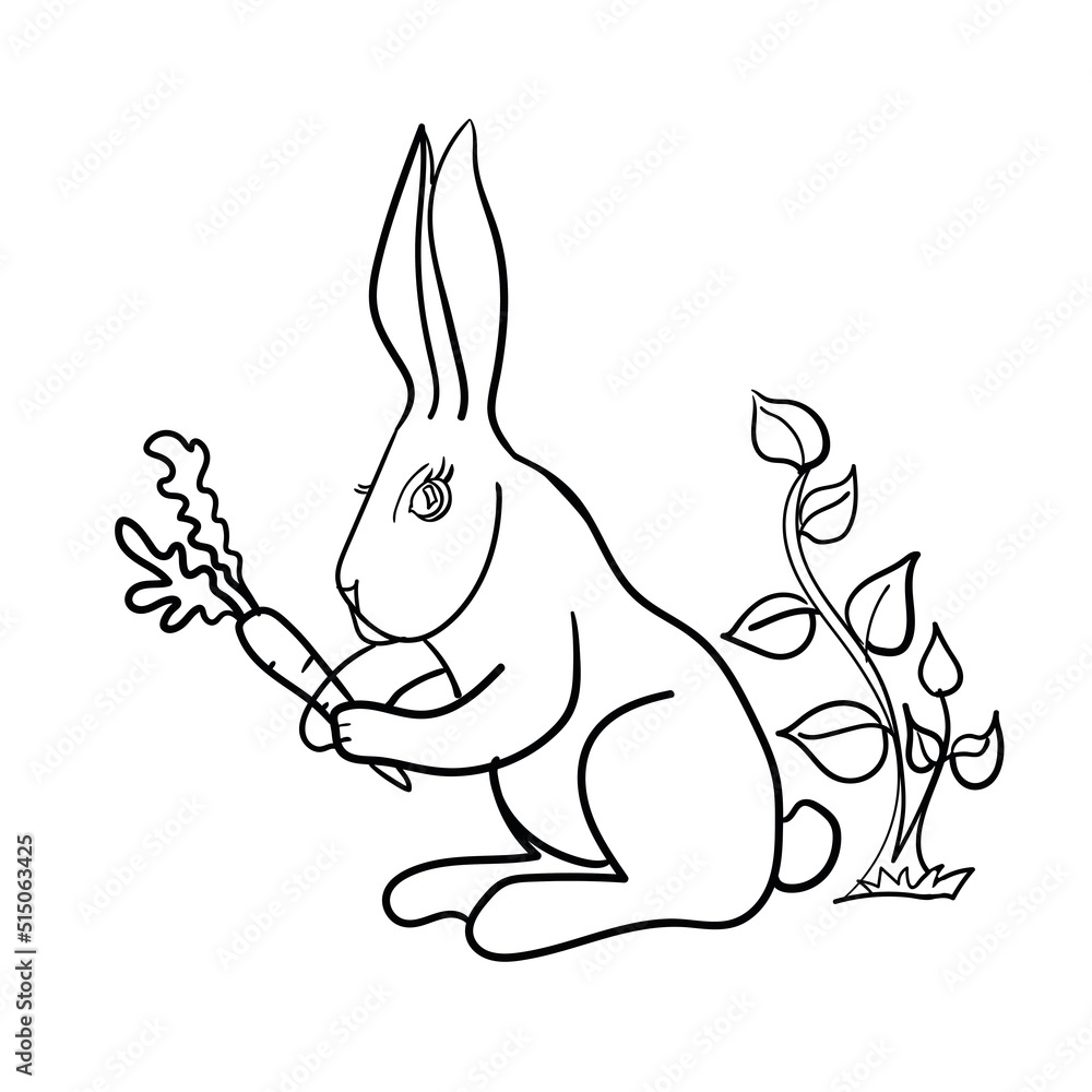 Rabbit Vector On White Background , Use for Web, line , icon or logo, cartoon black bunny. hare pose with plants