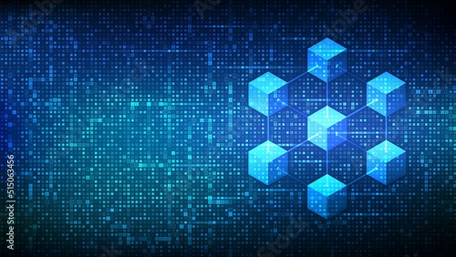 Blockchain technology background made with binary code. Information blocks in cyberspace. Decentralized network. Fintech cryptocurrency. Matrix background with digits 1.0. Vector illustration.