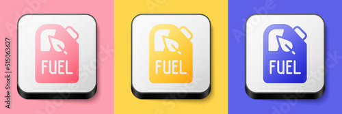 Isometric Bio fuel canister icon isolated on pink, yellow and blue background. Eco bio and barrel. Green environment and recycle. Square button. Vector