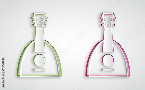 Paper cut Musical instrument balalaika icon isolated on grey background. Paper art style. Vector
