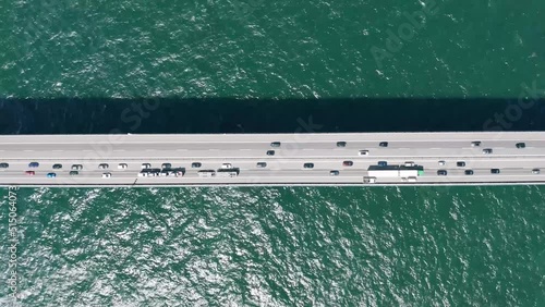 Aerial view above the active traffic at the Great Belt bridge (Østbroen) in Denmark, a multi-element fixed link crossing the Great Belt strait between the Danish islands of Zealand and Funen photo