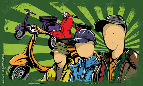 scooter community background. Classic Banner Templates. Cartoon grunge style, vintage. Scooter event banner. Vector illustration