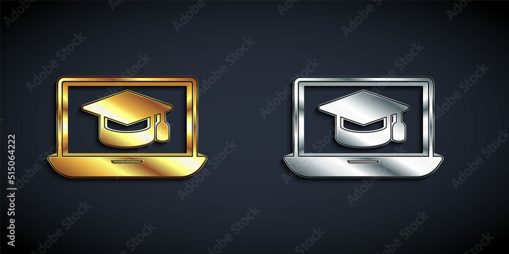 Gold and silver Graduation cap on screen laptop icon isolated on black background. Online learning or e-learning concept. Long shadow style. Vector Gold and silver Graduation cap on screen laptop icon isolated on black background. Online learning or e-learning concept. Long shadow style. Vector