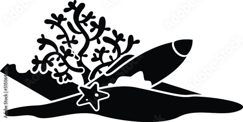 Black and White Cartoon Illustration Vector of a Sunken Submarine on the Boat Floor