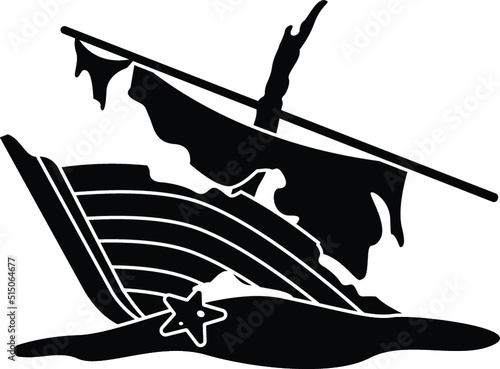 Black and White Cartoon Illustration Vector of a Wooden Ship Wreck on the Sea Floor