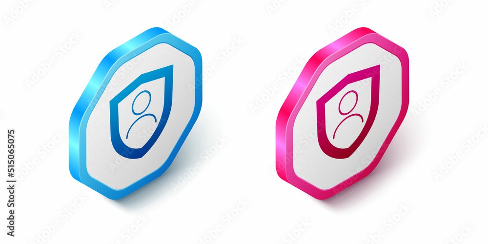 Isometric Life insurance with shield icon isolated on white background. Security, safety, protection, protect concept. Hexagon button. Vector Isometric Life insurance with shield icon isolated on white background. Security, safety, protection, protect concept. Hexagon button. Vector