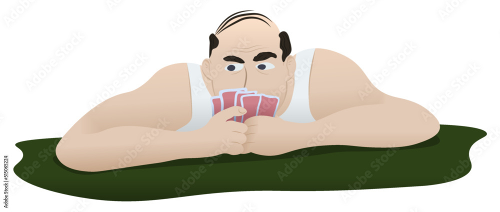 Man playing poker, looking over hand of cards cartoon illustration Man playing poker, looking over hand of cards cartoon illustration