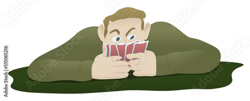 Man playing poker, looking over hand of cards cartoon illustration
