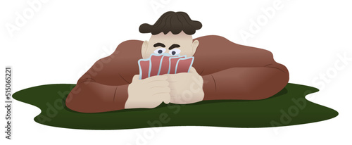 Man playing poker, looking over hand of cards cartoon illustration
